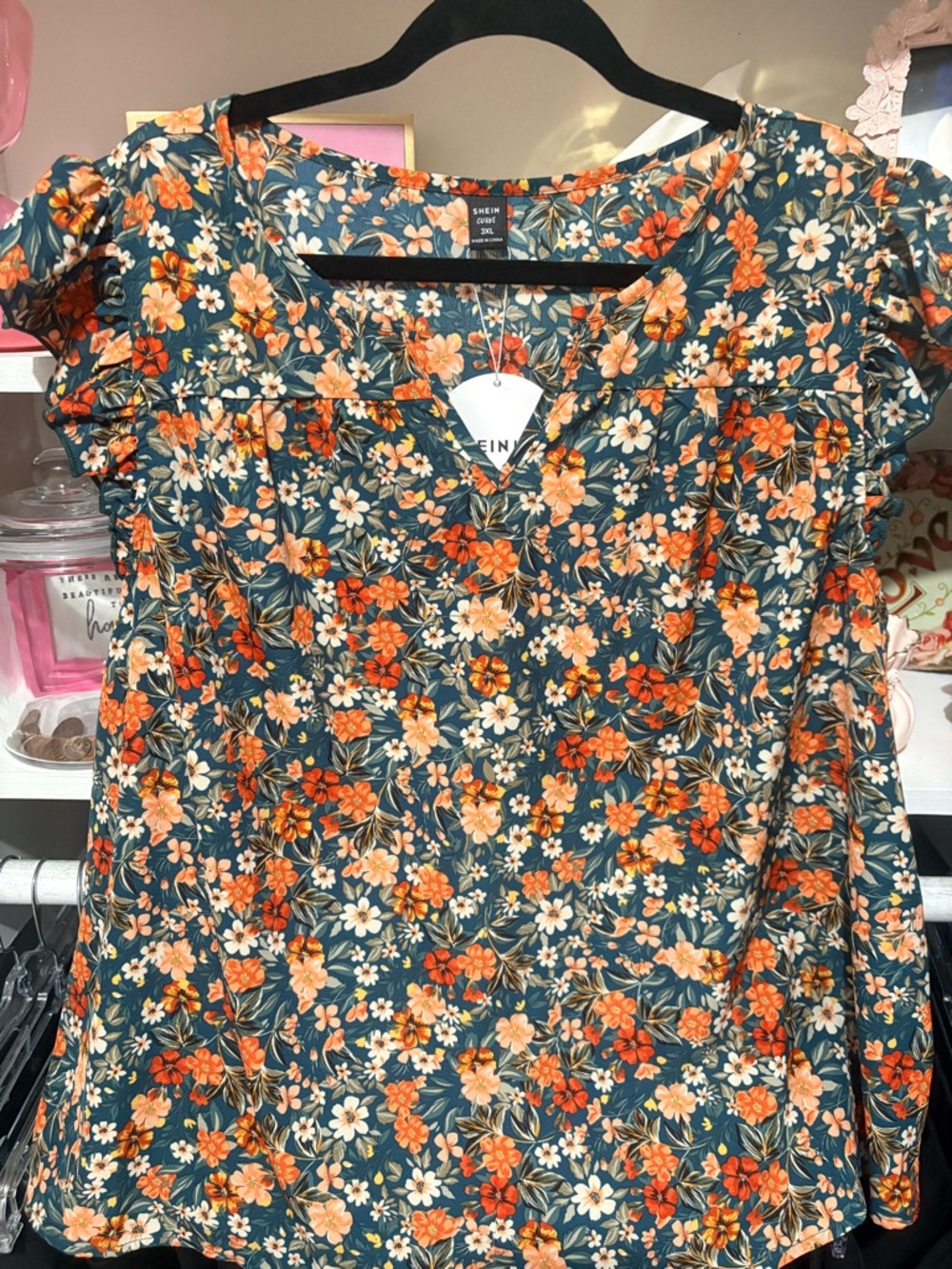 SHEIN Teal Floral Short Sleeve Ruffle Top with Orange and Cream Blooms